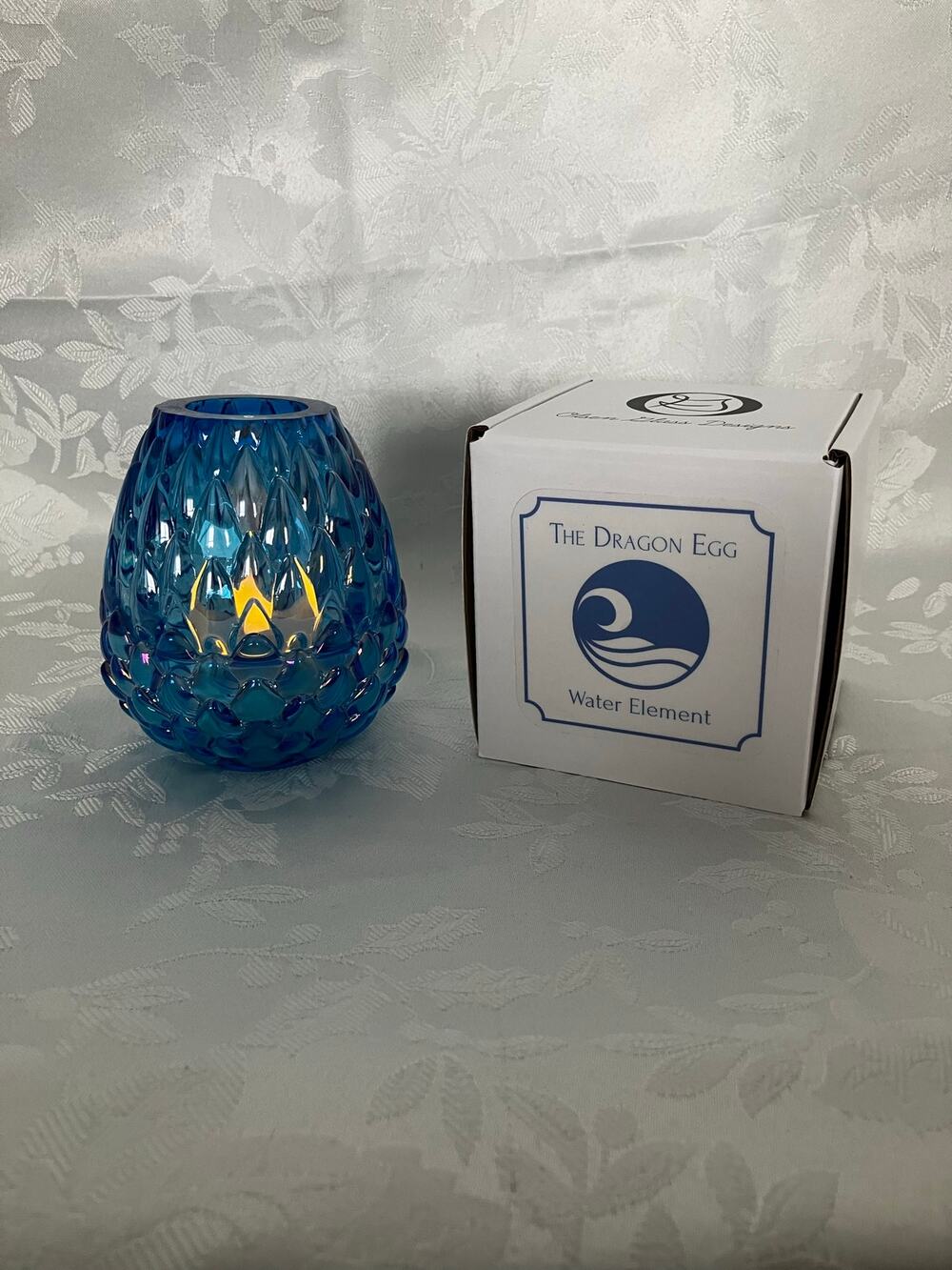 Olsen Glass Dragon Egg Fairy Lamp Water Element Blue Iridescent Box